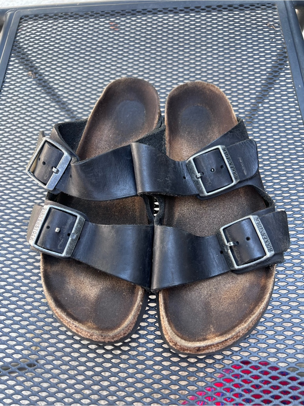 Birkenstock Black Two-Strap Leather Sandals with Metal Buckles